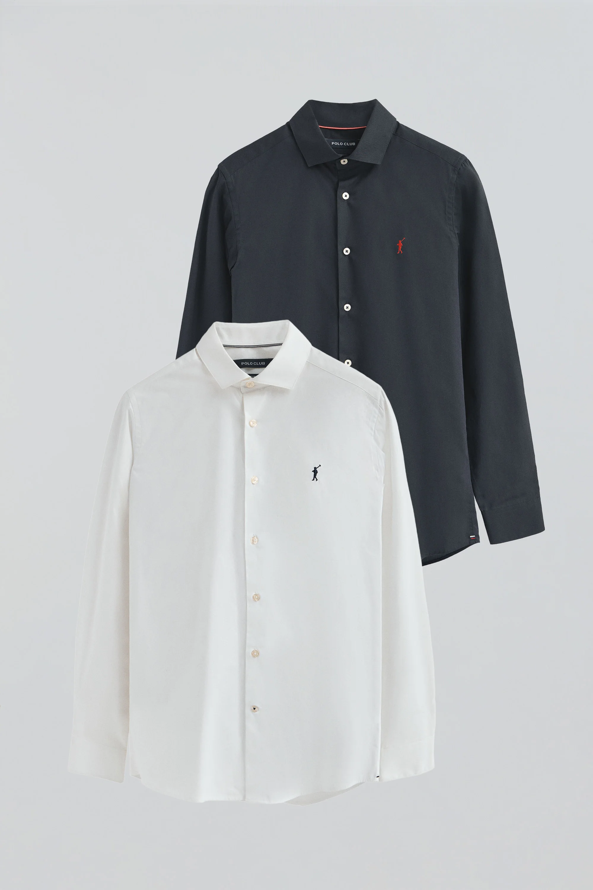 Men’s slim-fit poplin 2-pack shirts in white and navy blue with Rigby Go logo