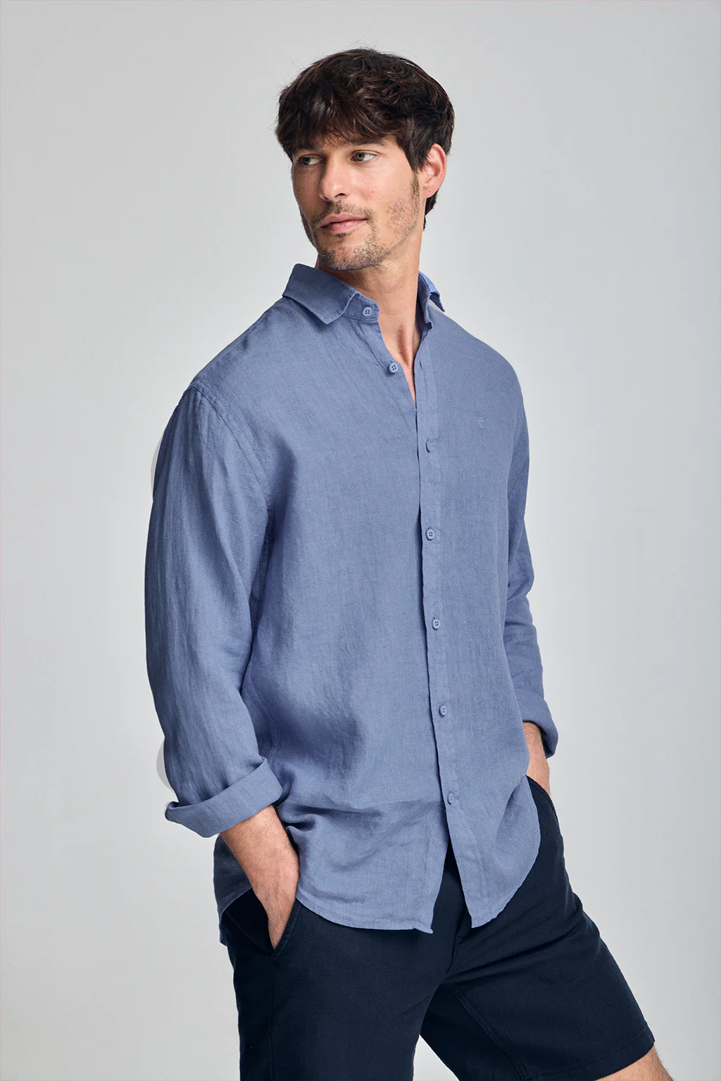Royal-blue garment-dye linen shirt with embroidered monogram