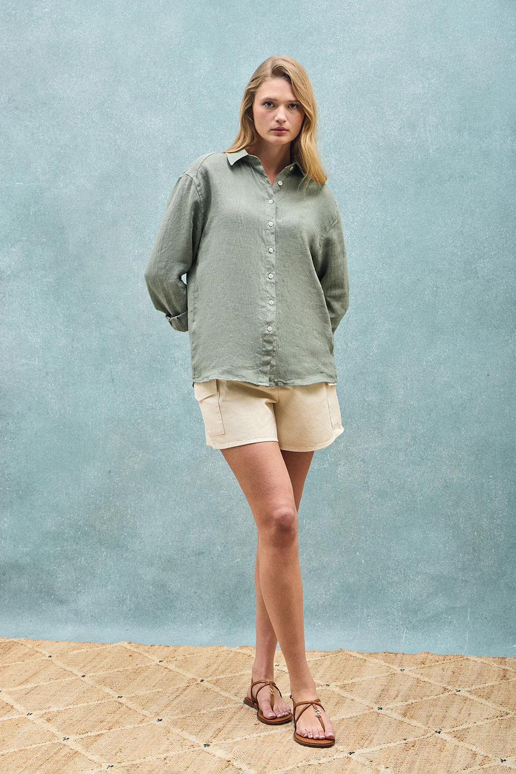 Army-green garment-dye linen shirt with embroidered monogram - Image 11