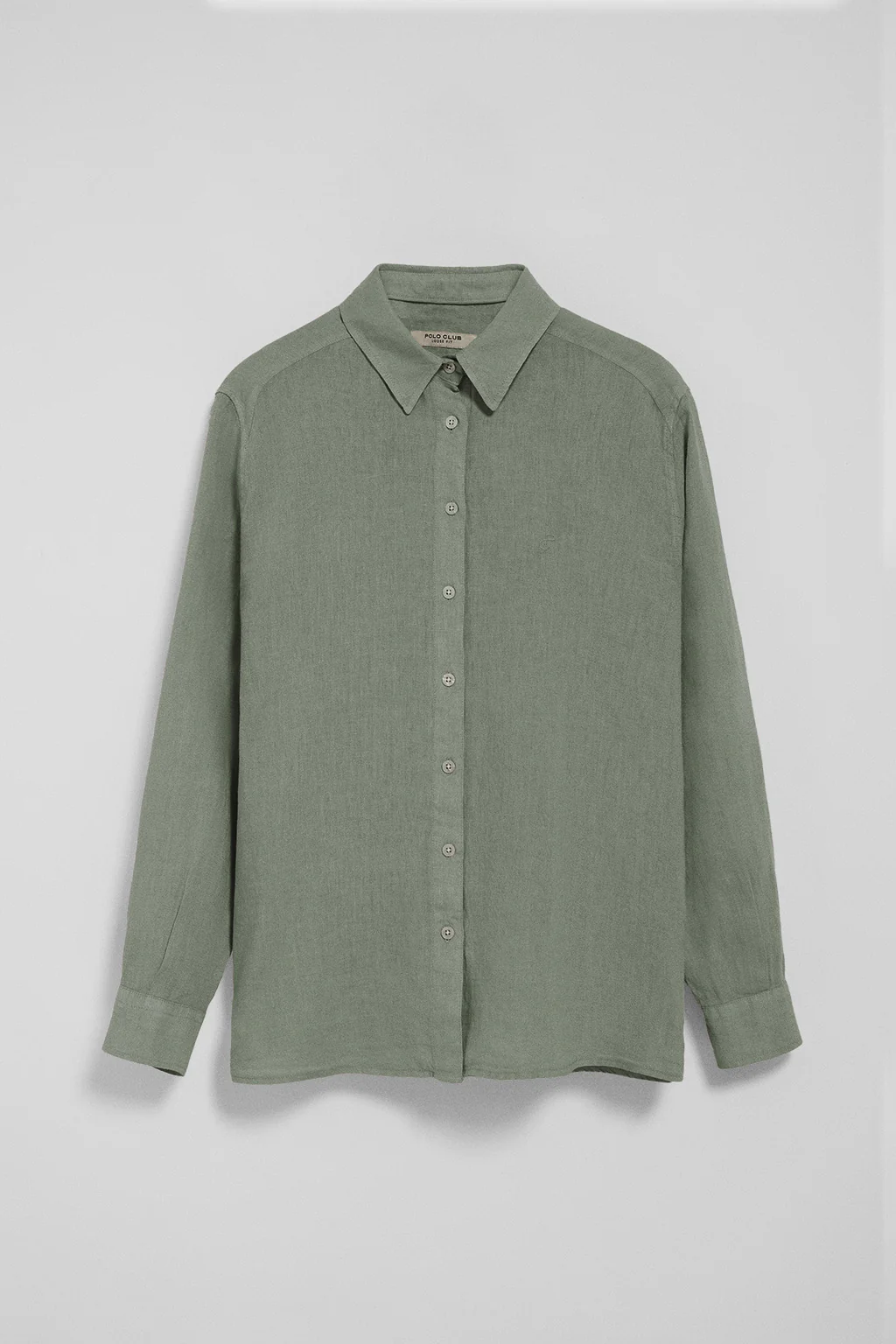 Army-green garment-dye linen shirt with embroidered monogram - Image 8