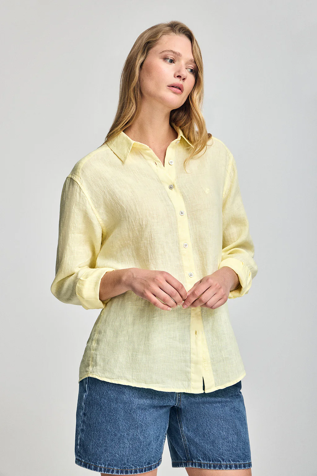Yellow garment-dye linen shirt with embroidered monogram