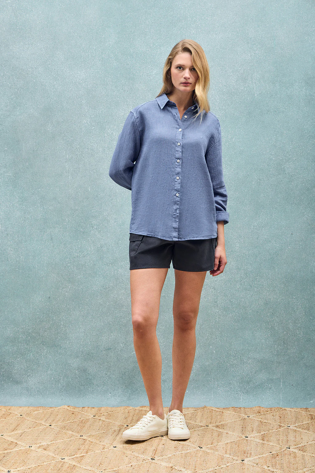 Royal-blue garment-dye linen shirt with embroidered monogram - Image 11