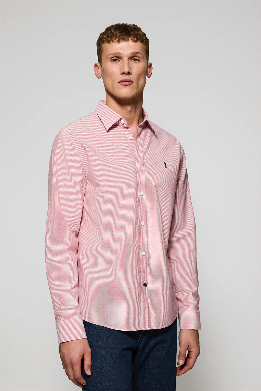 Red striped shirt Pharrel with Rigby Go embroidered logo