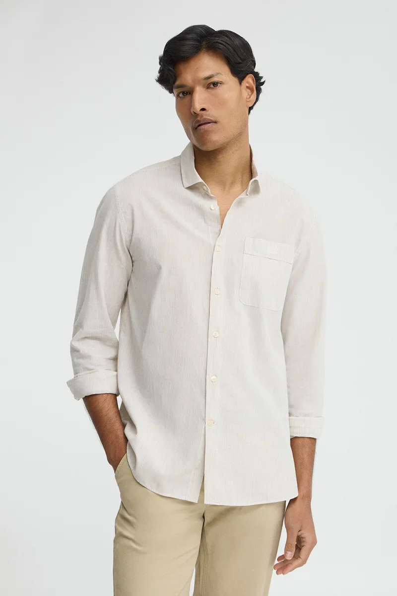 Beige cotton-linen striped shirt with regular fit and Polo Club embroidery