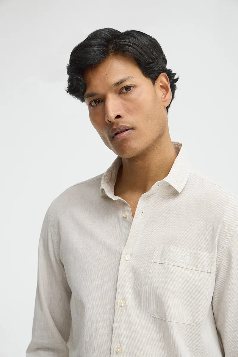 Beige cotton-linen striped shirt with regular fit and Polo Club embroidery - Image 2