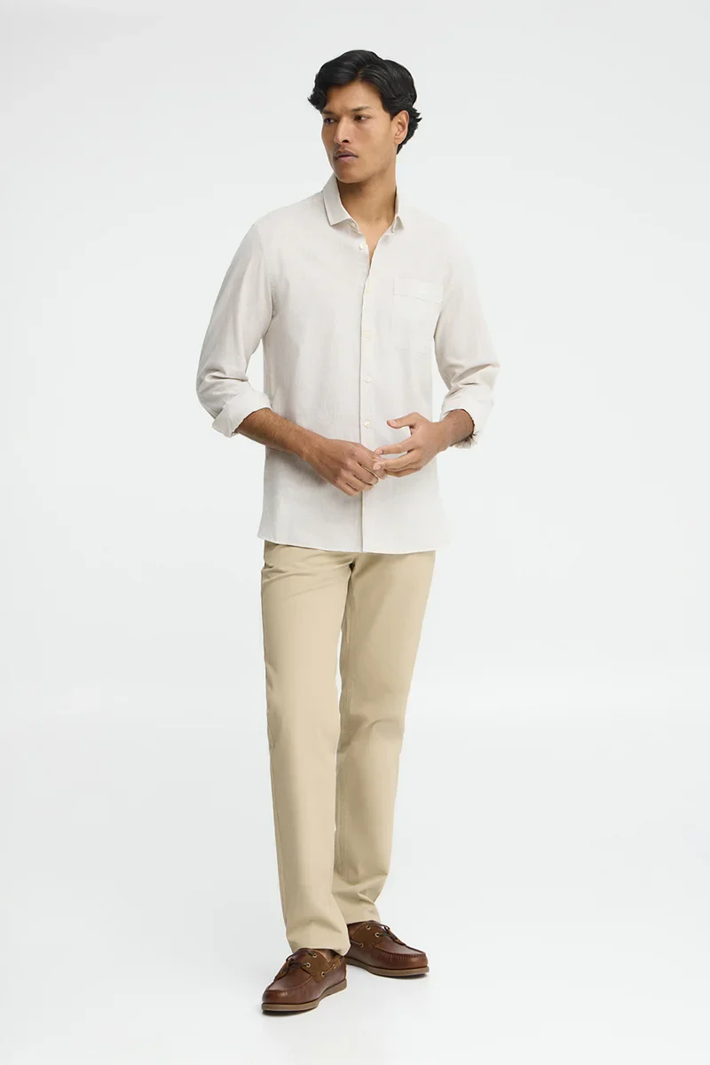 Beige cotton-linen striped shirt with regular fit and Polo Club embroidery - Image 3