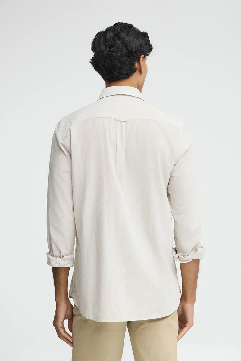 Beige cotton-linen striped shirt with regular fit and Polo Club embroidery - Image 4
