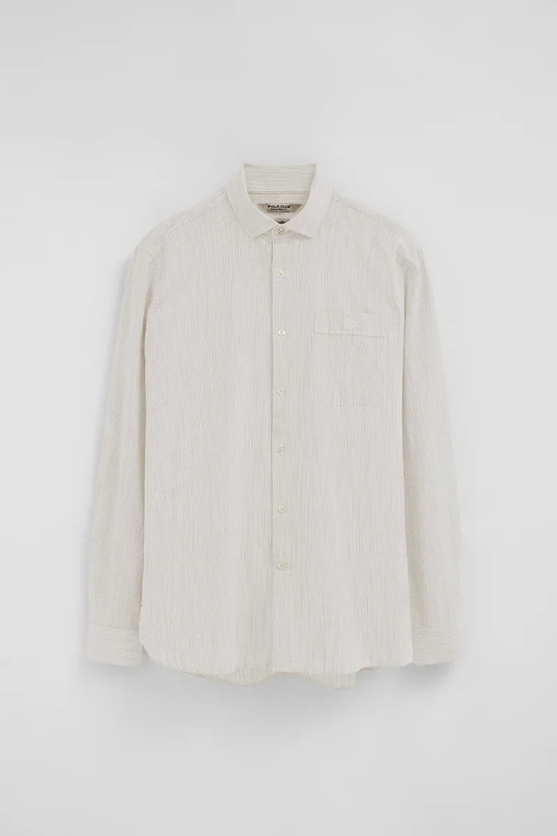 Beige cotton-linen striped shirt with regular fit and Polo Club embroidery - Image 5