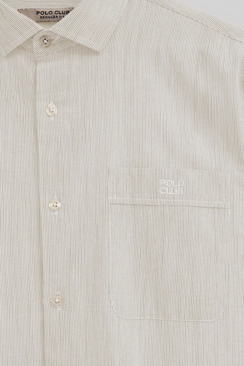Beige cotton-linen striped shirt with regular fit and Polo Club embroidery - Image 6
