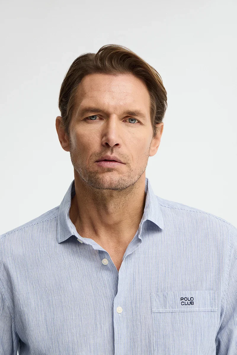 Blue cotton-linen striped shirt with regular fit and Polo Club embroidery - Image 3