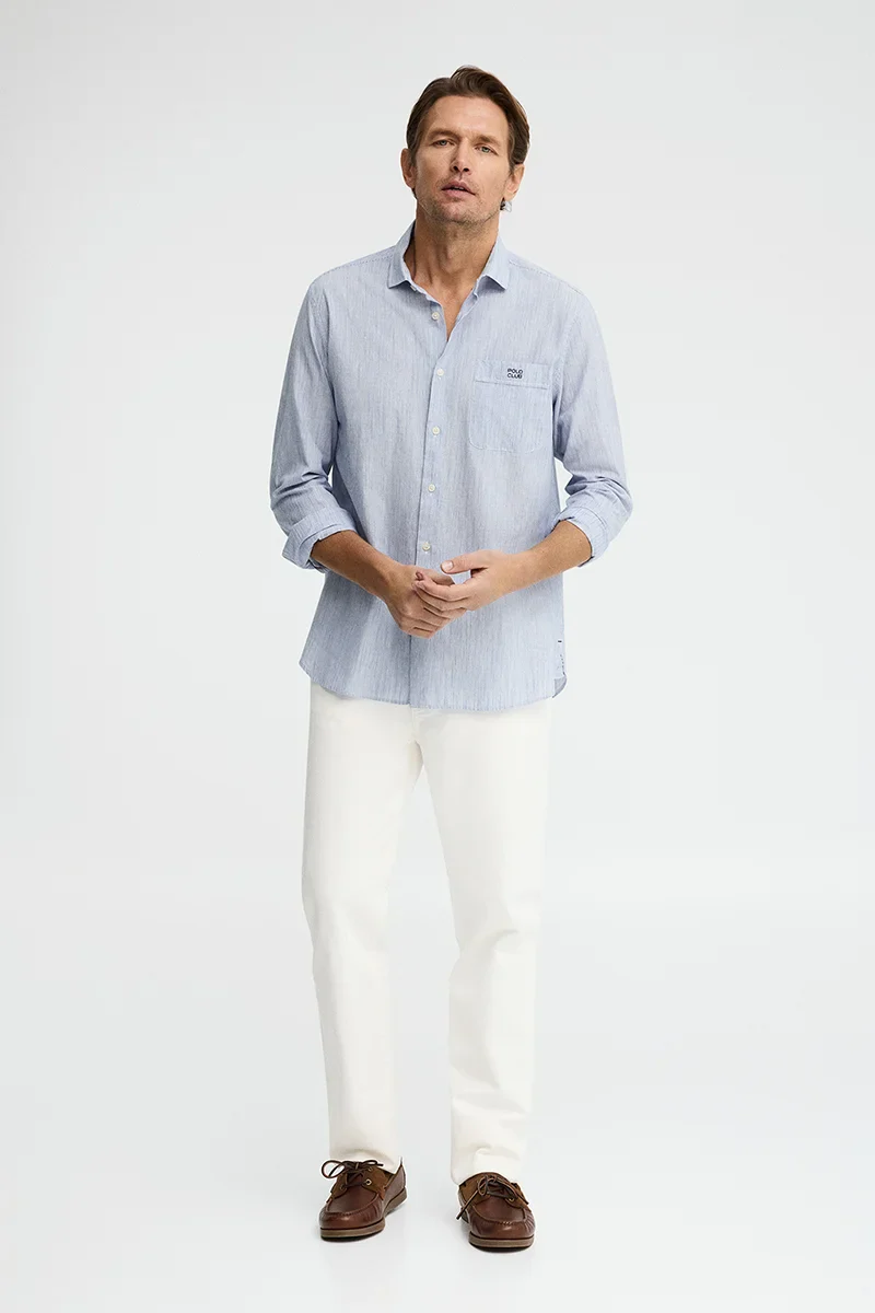 Blue cotton-linen striped shirt with regular fit and Polo Club embroidery - Image 4