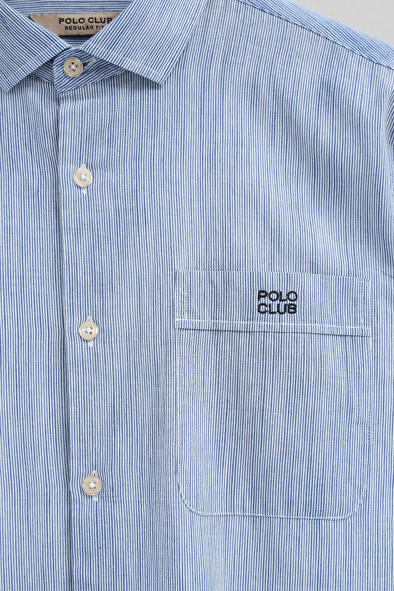 Blue cotton-linen striped shirt with regular fit and Polo Club embroidery - Image 7
