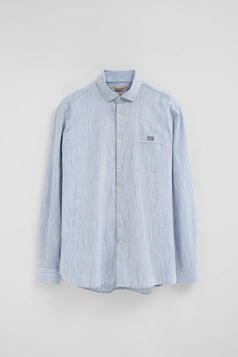 Blue cotton-linen striped shirt with regular fit and Polo Club embroidery - Image 9