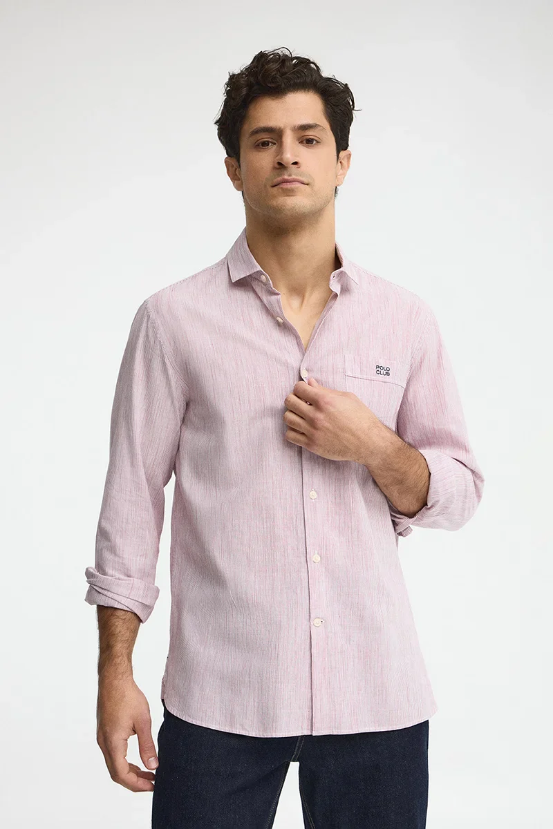 Red cotton-linen striped shirt with regular fit and Polo Club embroidery