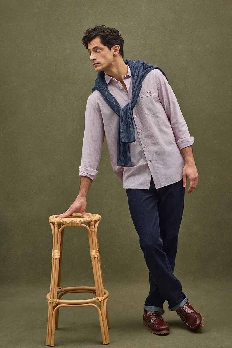 Red cotton-linen striped shirt with regular fit and Polo Club embroidery - Image 2