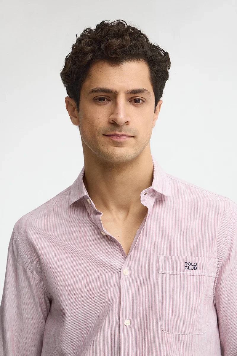 Red cotton-linen striped shirt with regular fit and Polo Club embroidery - Image 3