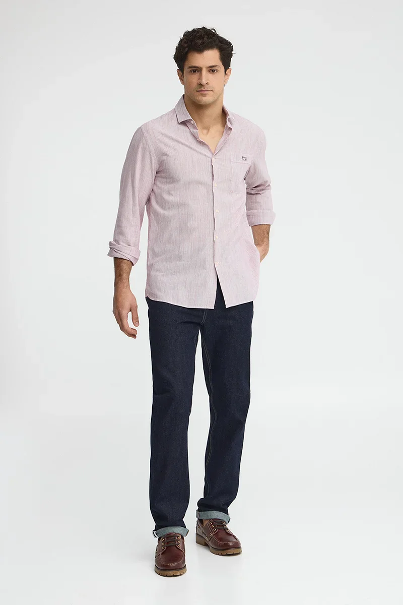 Red cotton-linen striped shirt with regular fit and Polo Club embroidery - Image 4