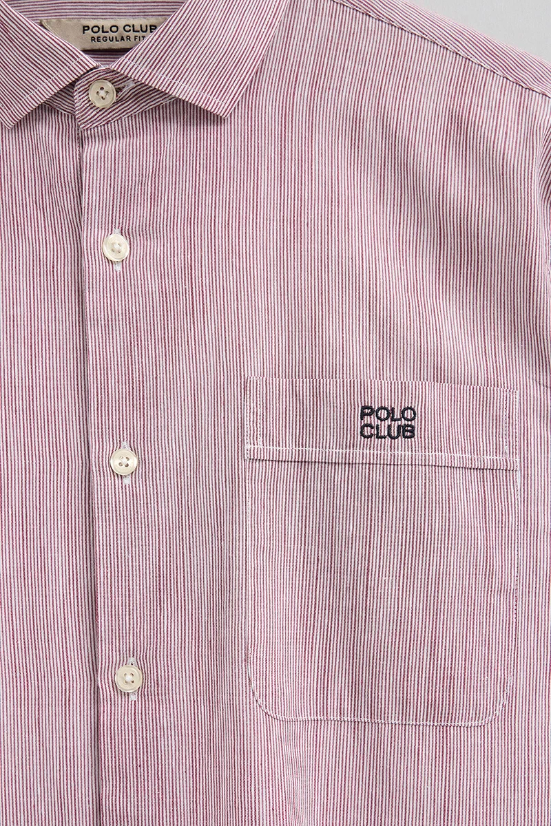 Red cotton-linen striped shirt with regular fit and Polo Club embroidery - Image 7