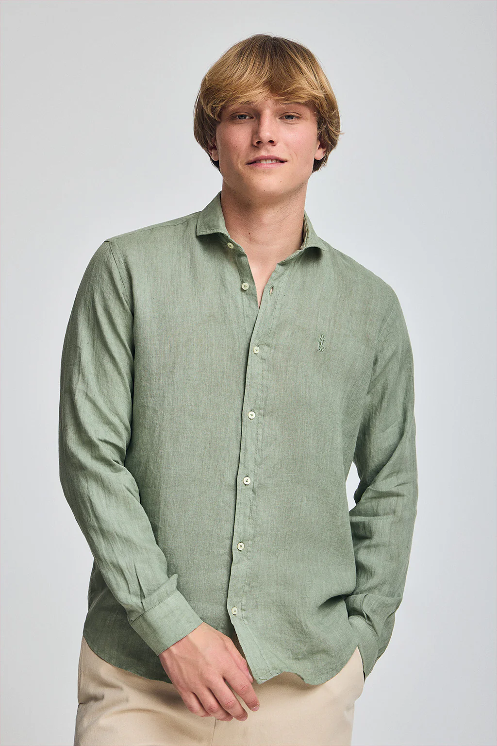 Army-green garment-dye linen shirt with Rigby Best embroidery