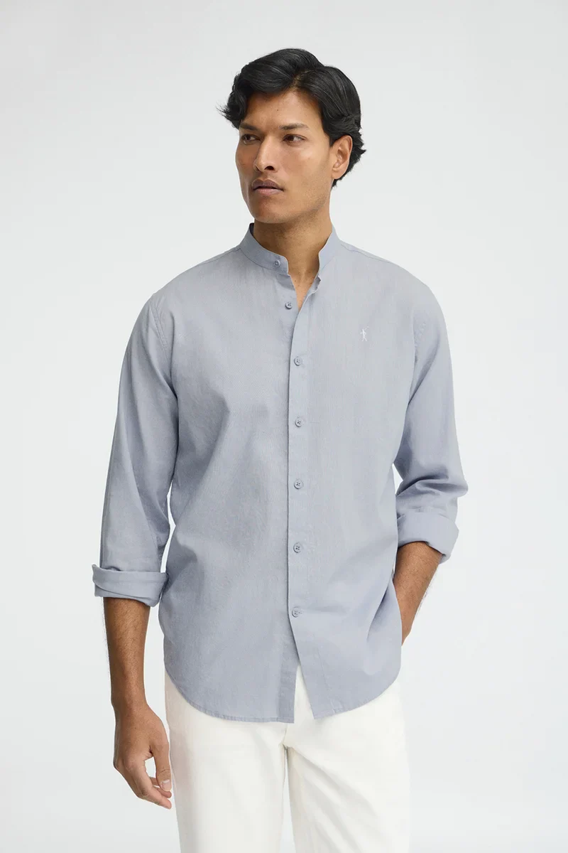 Light-blue cotton-linen regular-fit shirt with mandarin collar and Rigby Go embroidery - Image 2