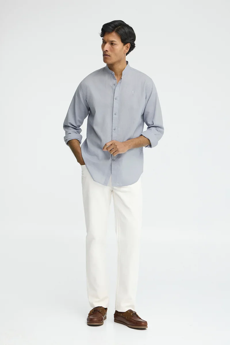 Light-blue cotton-linen regular-fit shirt with mandarin collar and Rigby Go embroidery - Image 4