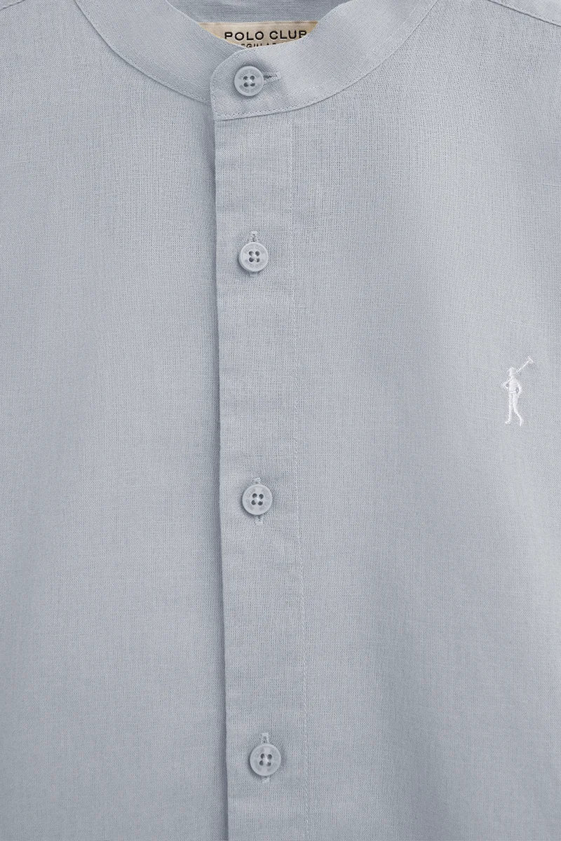 Light-blue cotton-linen regular-fit shirt with mandarin collar and Rigby Go embroidery - Image 7