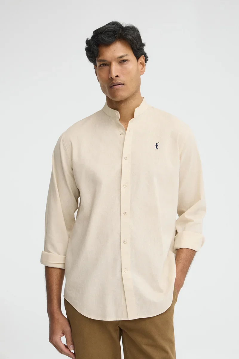 Beige cotton-linen regular-fit shirt with mandarin collar and Rigby Go embroidery - Image 2