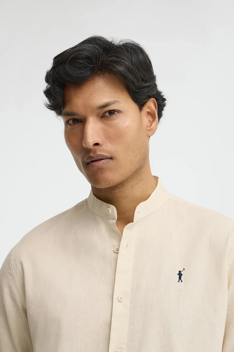 Beige cotton-linen regular-fit shirt with mandarin collar and Rigby Go embroidery - Image 3