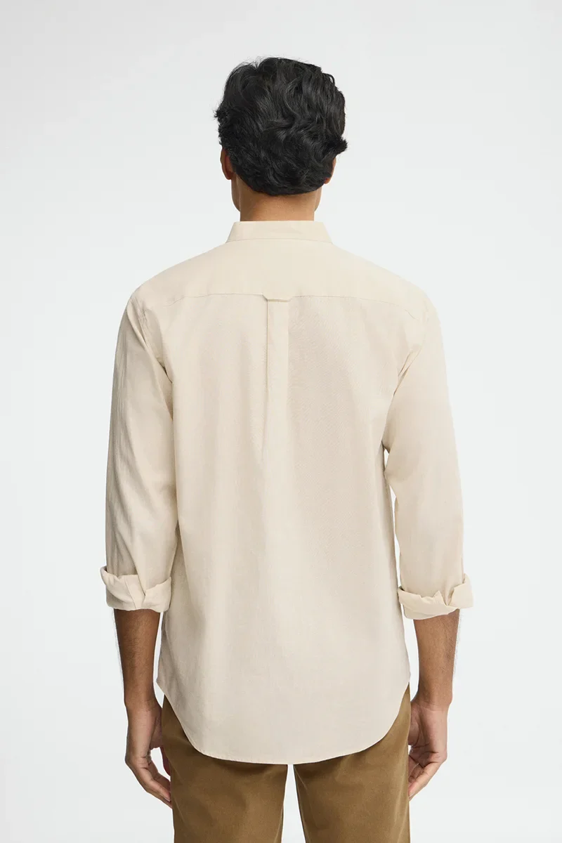 Beige cotton-linen regular-fit shirt with mandarin collar and Rigby Go embroidery - Image 5