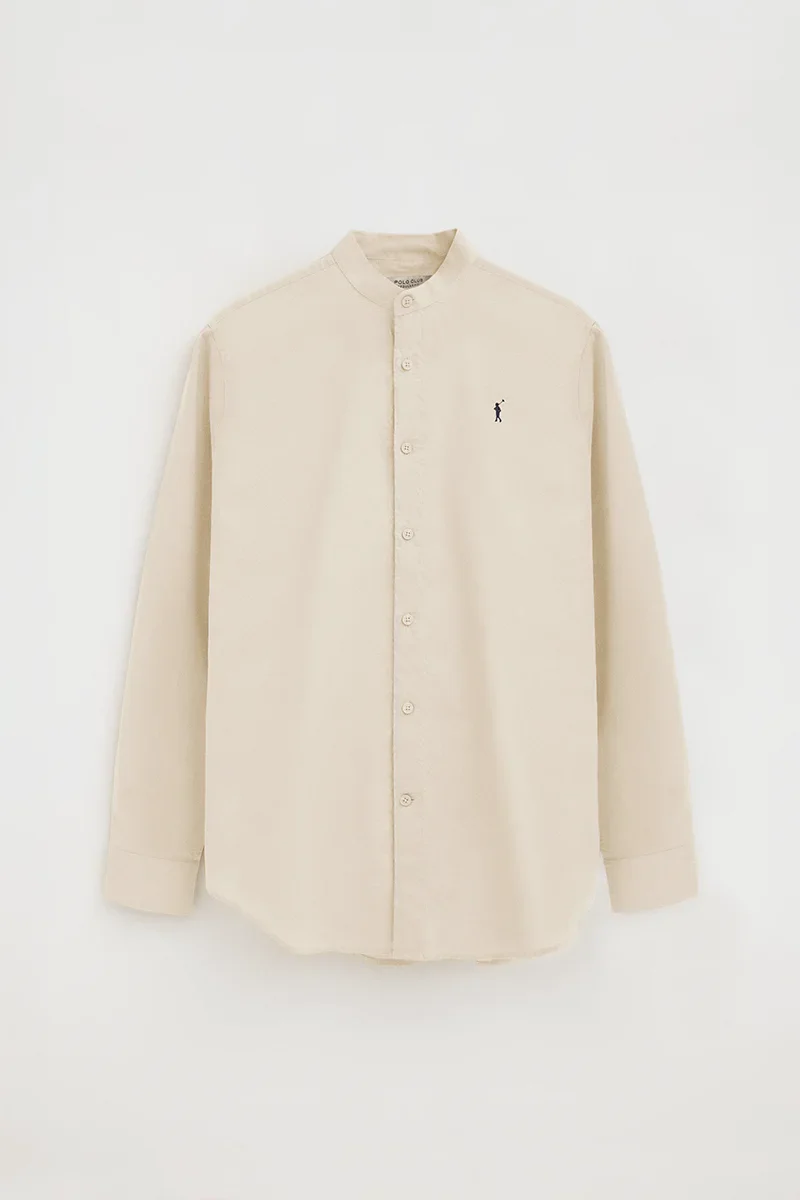 Beige cotton-linen regular-fit shirt with mandarin collar and Rigby Go embroidery - Image 6