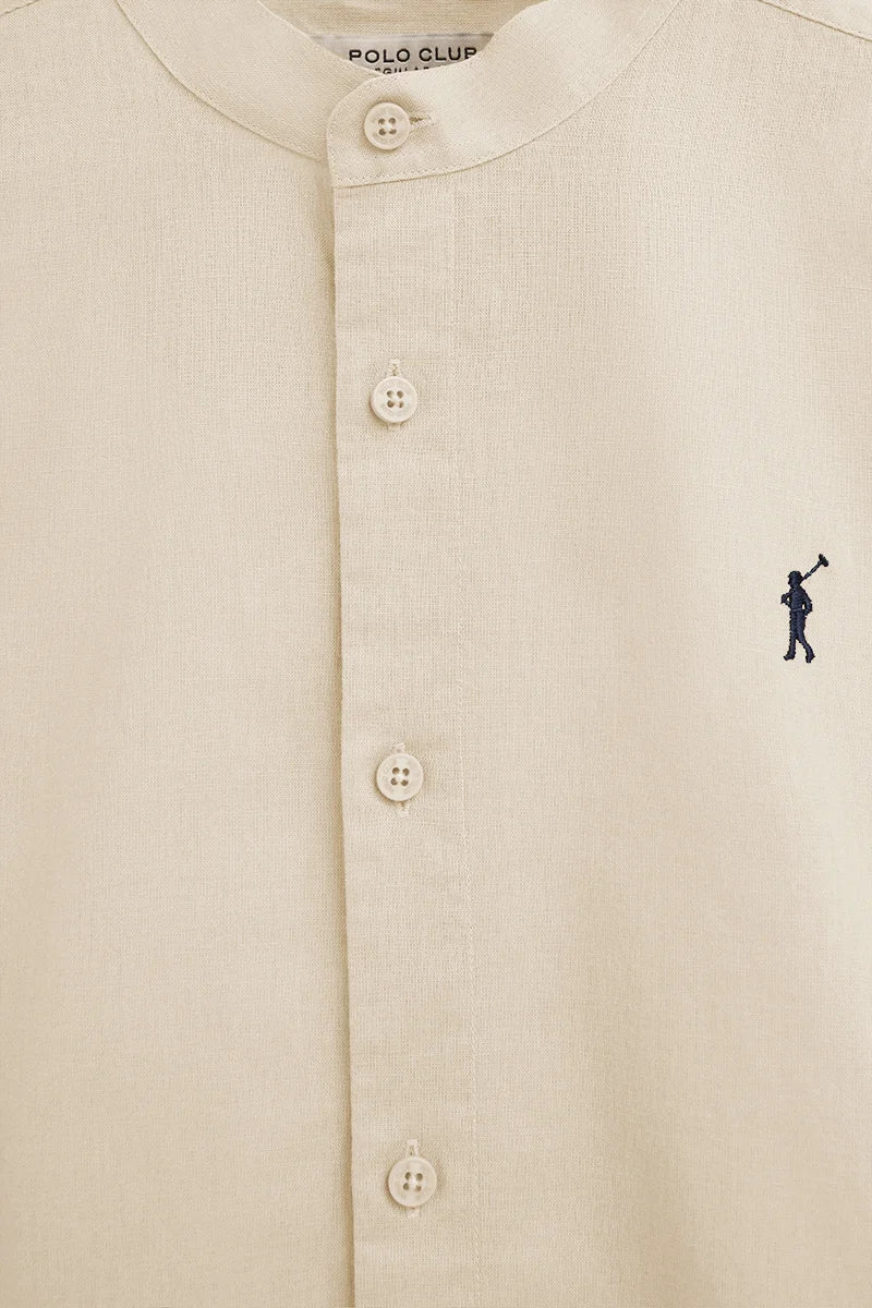 Beige cotton-linen regular-fit shirt with mandarin collar and Rigby Go embroidery - Image 7