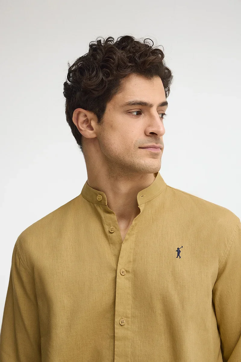 Khaki cotton-linen regular-fit shirt with mandarin collar and Rigby Go embroidery - Image 3