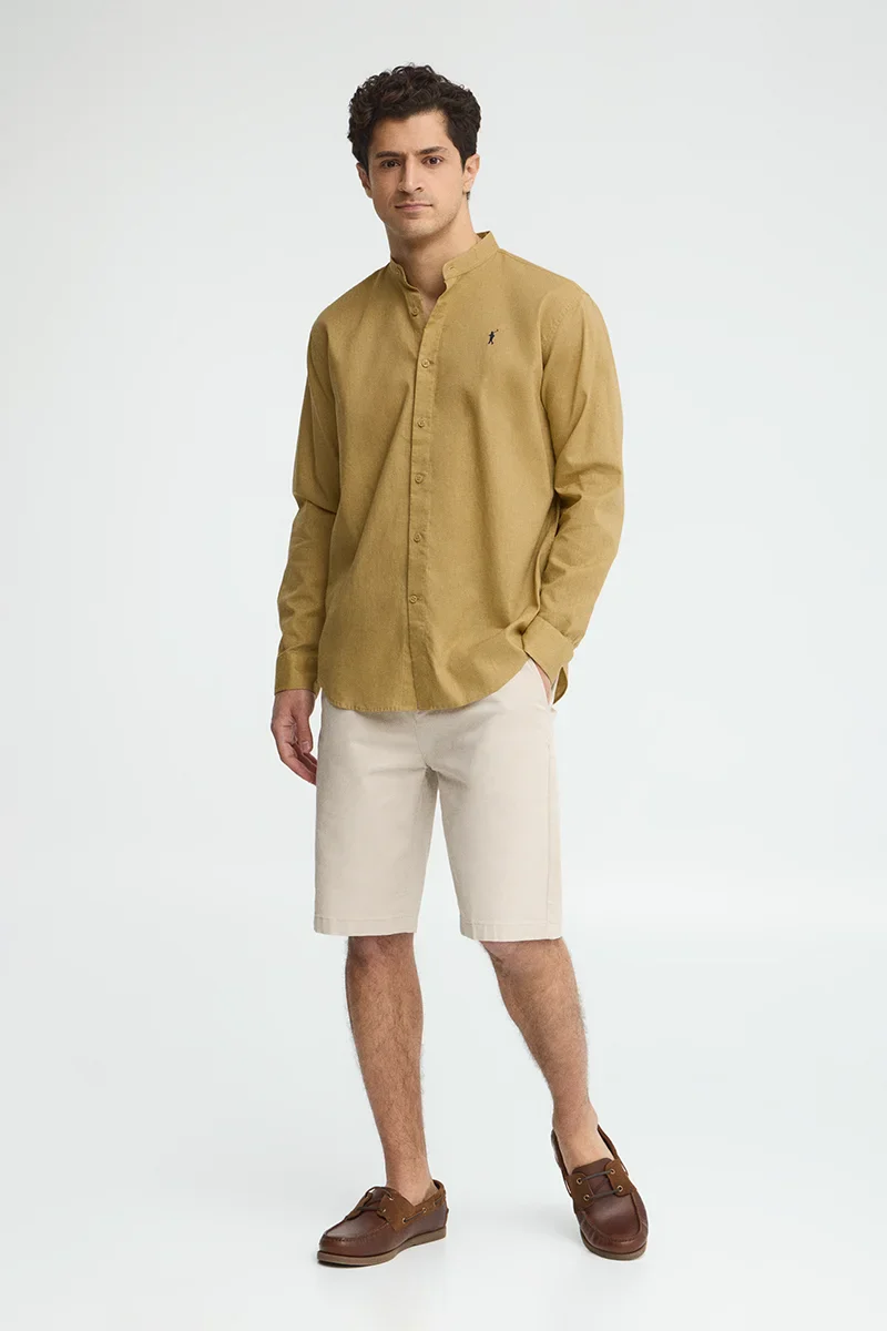Khaki cotton-linen regular-fit shirt with mandarin collar and Rigby Go embroidery - Image 4