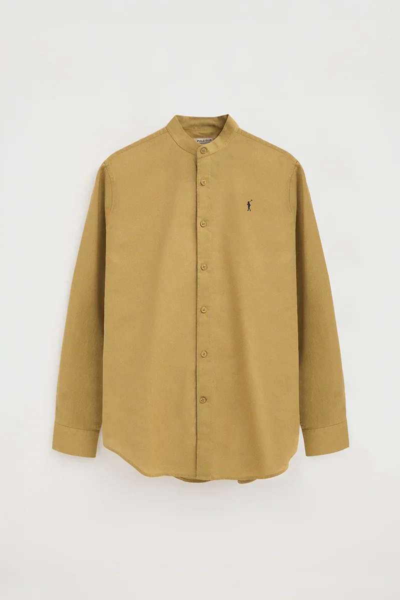 Khaki cotton-linen regular-fit shirt with mandarin collar and Rigby Go embroidery - Image 6