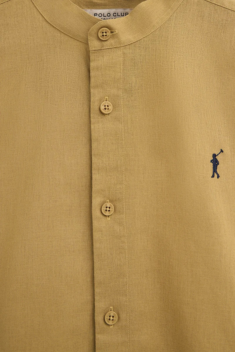 Khaki cotton-linen regular-fit shirt with mandarin collar and Rigby Go embroidery - Image 7