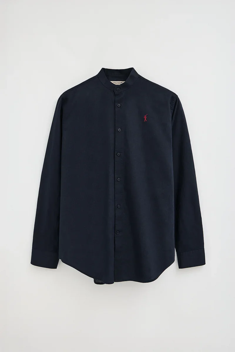 Navy-blue cotton-linen regular-fit shirt with mandarin collar and Rigby Go embroidery - Image 5