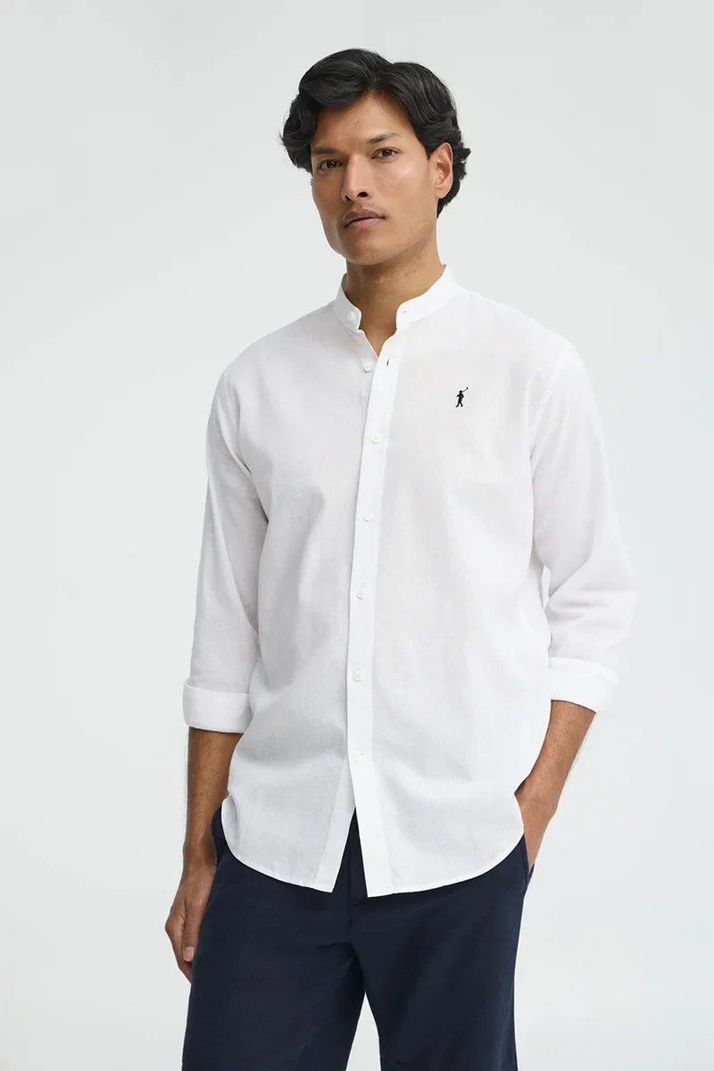 White cotton-linen regular-fit shirt with mandarin collar and Rigby Go embroidery - Image 2