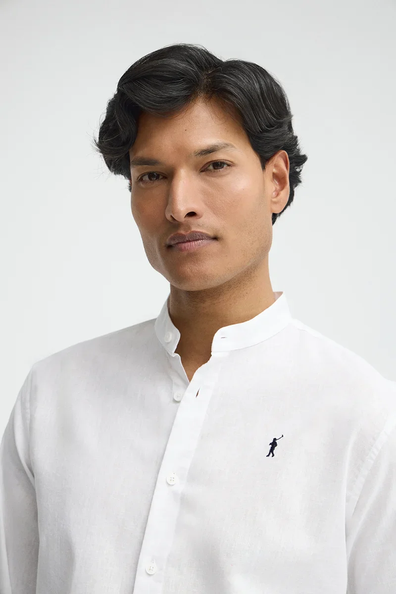 White cotton-linen regular-fit shirt with mandarin collar and Rigby Go embroidery - Image 3