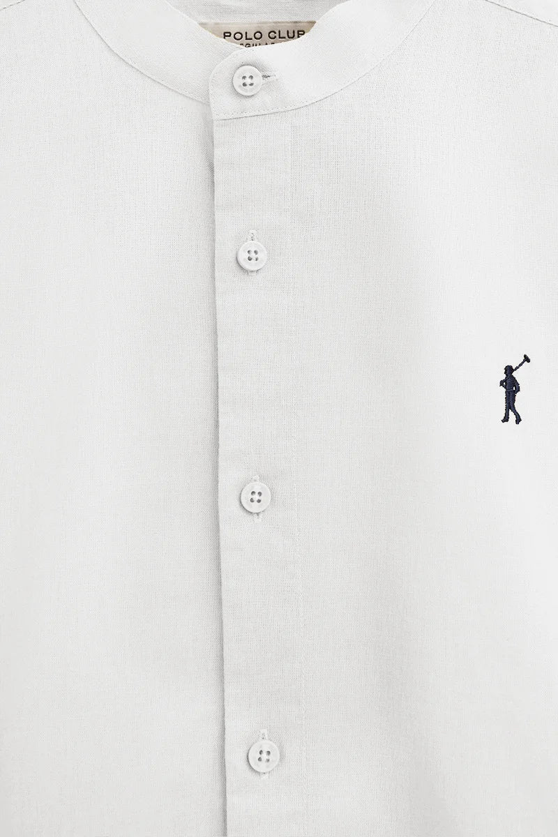 White cotton-linen regular-fit shirt with mandarin collar and Rigby Go embroidery - Image 7