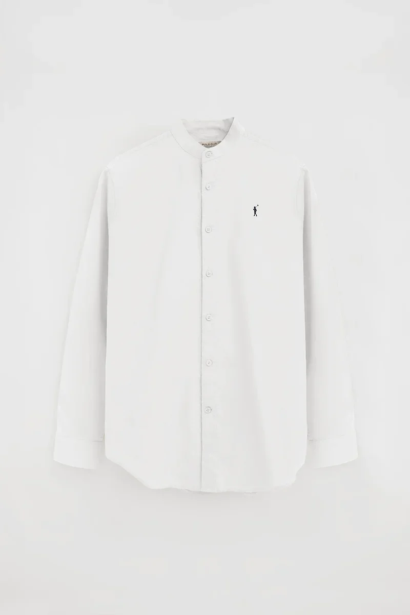 White cotton-linen regular-fit shirt with mandarin collar and Rigby Go embroidery - Image 9