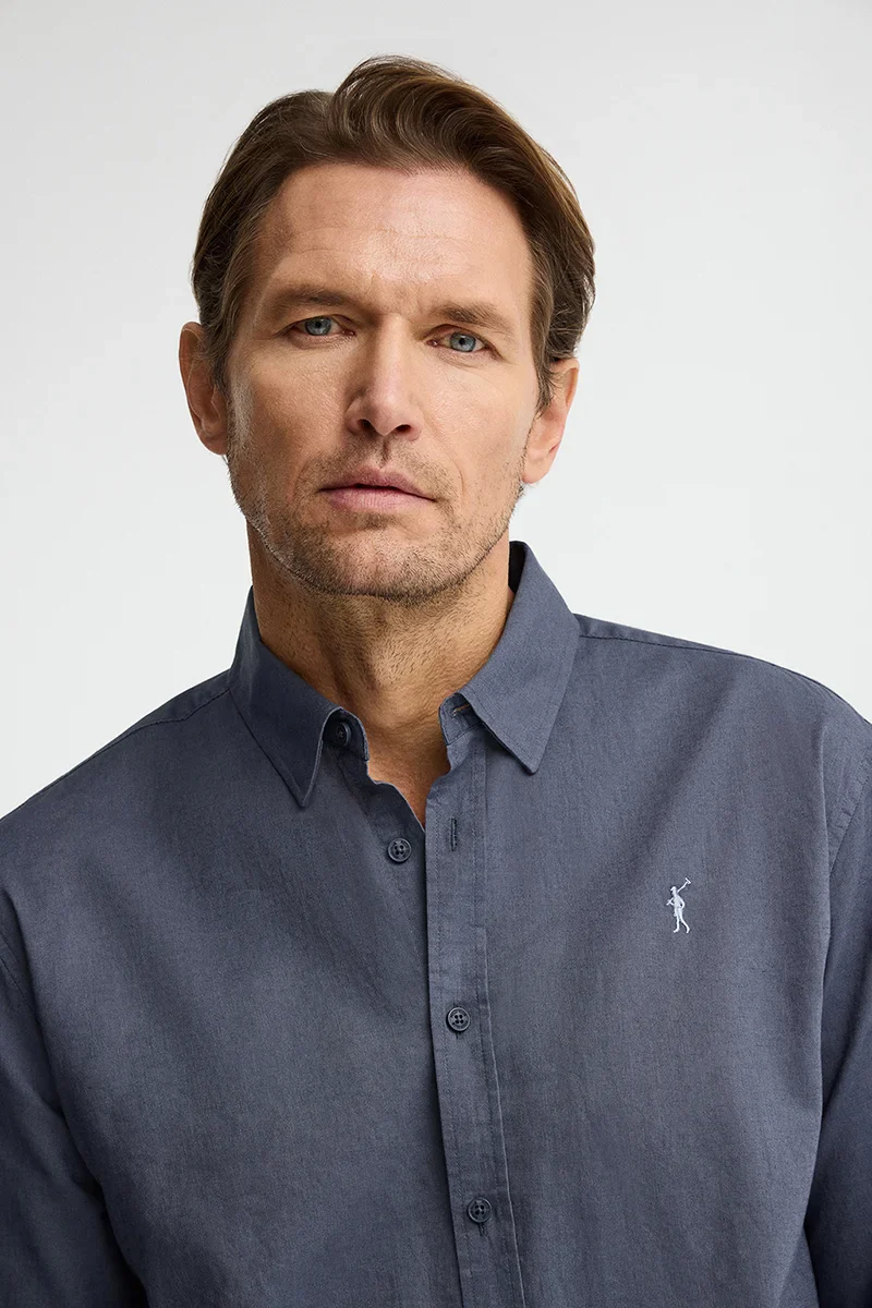 Denim-blue cotton-linen shirt with regular fit and Rigby Go logo