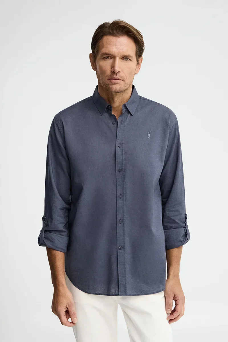 Denim-blue cotton-linen shirt with regular fit and Rigby Go logo - Image 3