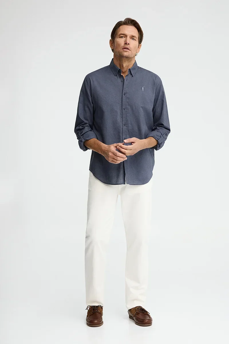 Denim-blue cotton-linen shirt with regular fit and Rigby Go logo - Image 4