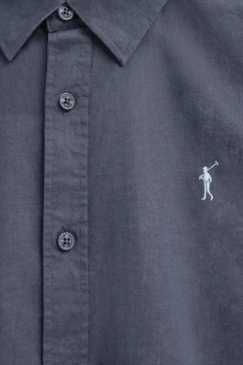 Denim-blue cotton-linen shirt with regular fit and Rigby Go logo - Image 7