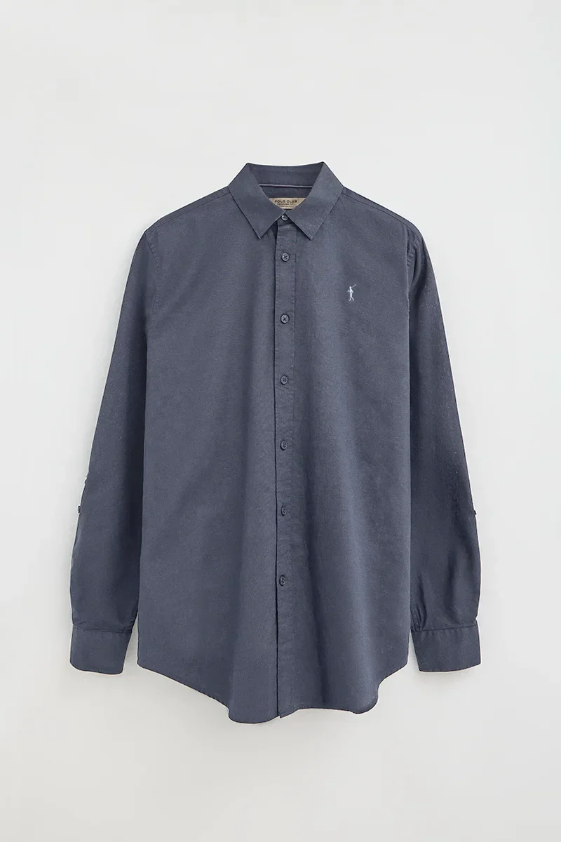 Denim-blue cotton-linen shirt with regular fit and Rigby Go logo - Image 9