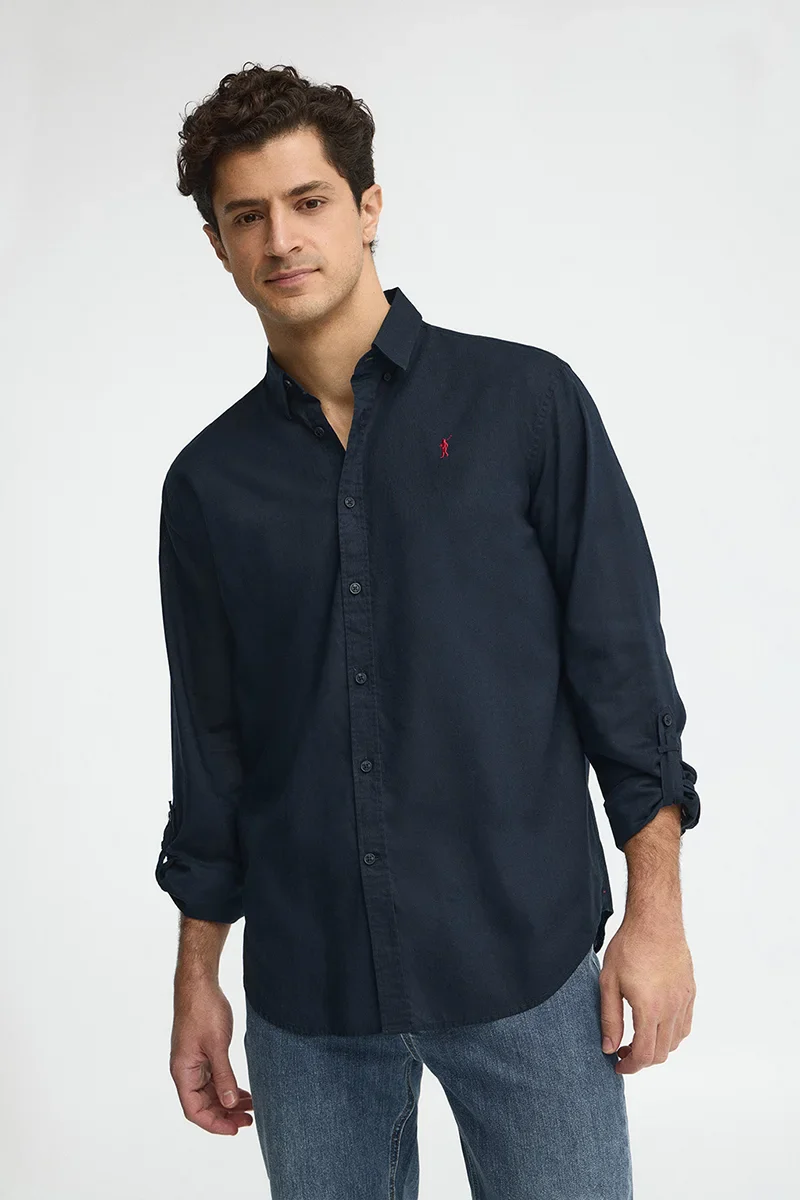 Navy-blue cotton-linen shirt with regular fit and Rigby Go logo - Image 2