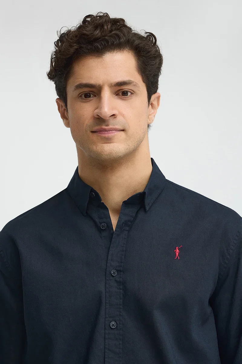 Navy-blue cotton-linen shirt with regular fit and Rigby Go logo - Image 3