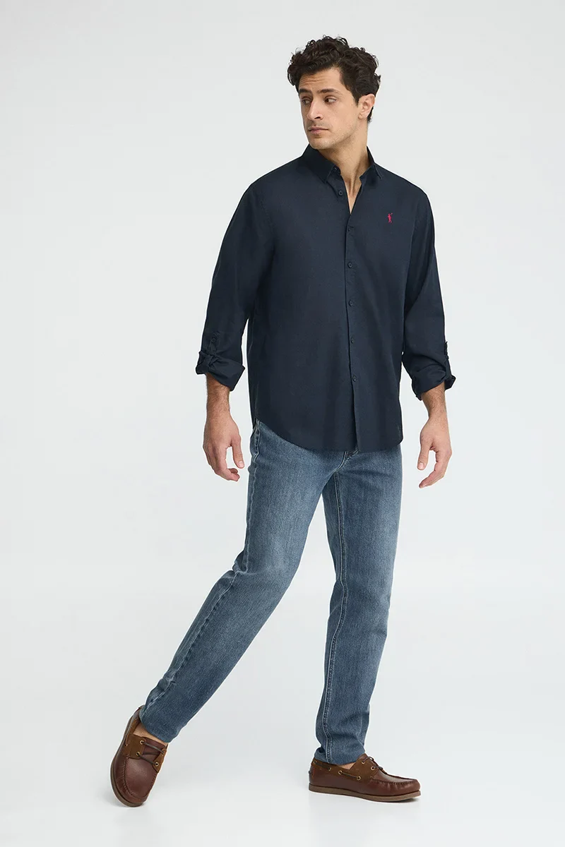 Navy-blue cotton-linen shirt with regular fit and Rigby Go logo - Image 4