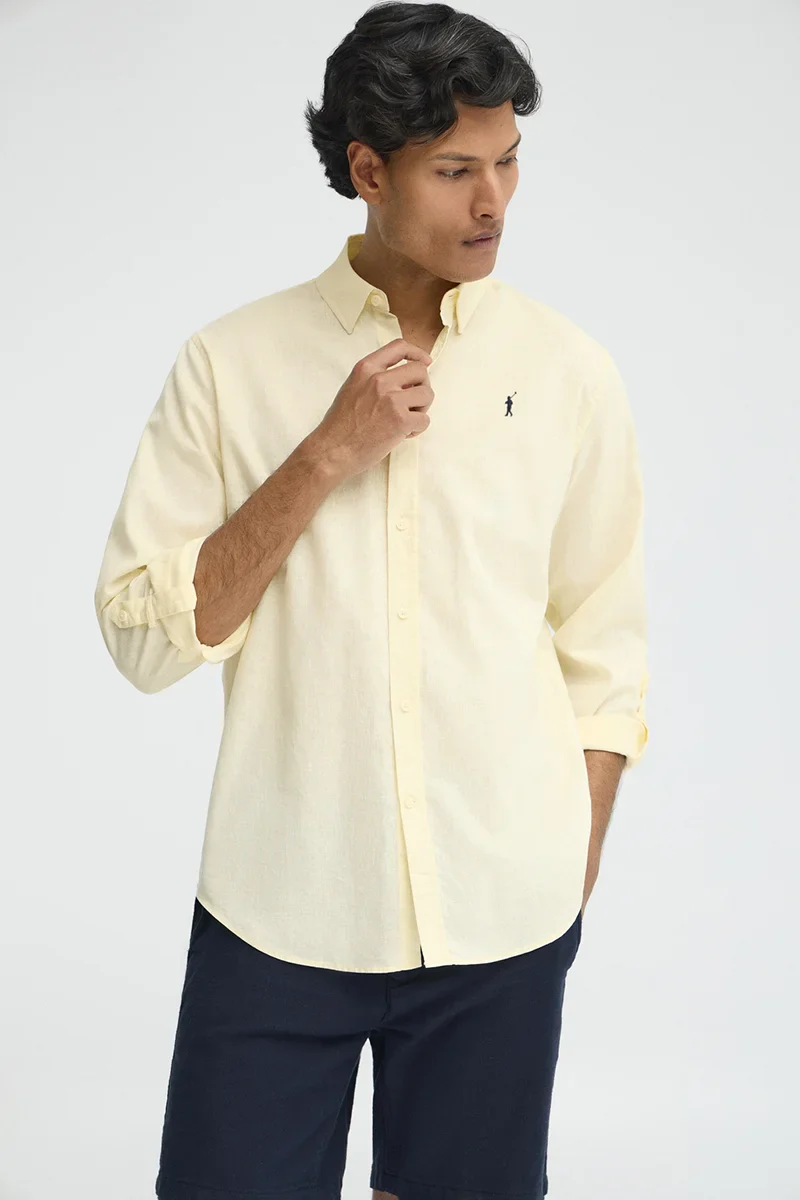 Pastel-yellow cotton-linen shirt with regular fit and Rigby Go logo