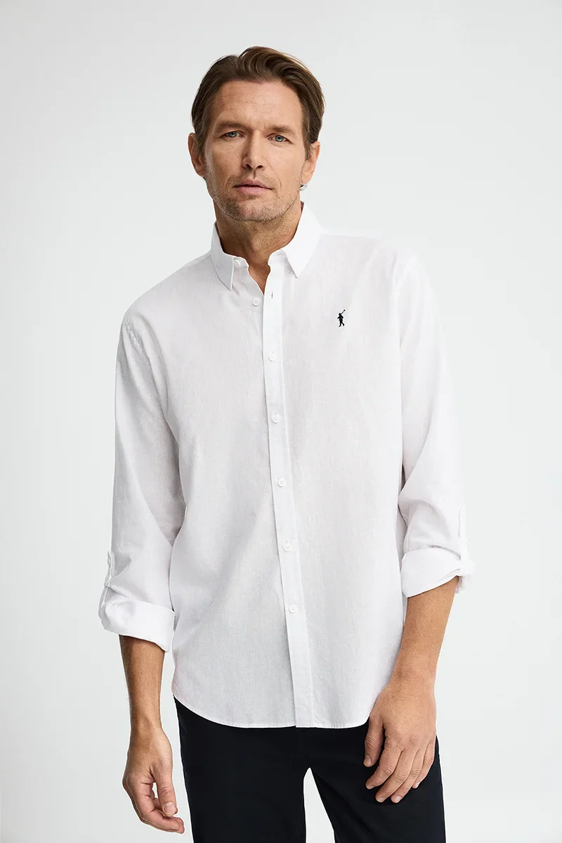 White cotton-linen shirt with regular fit and Rigby Go logo - Image 2